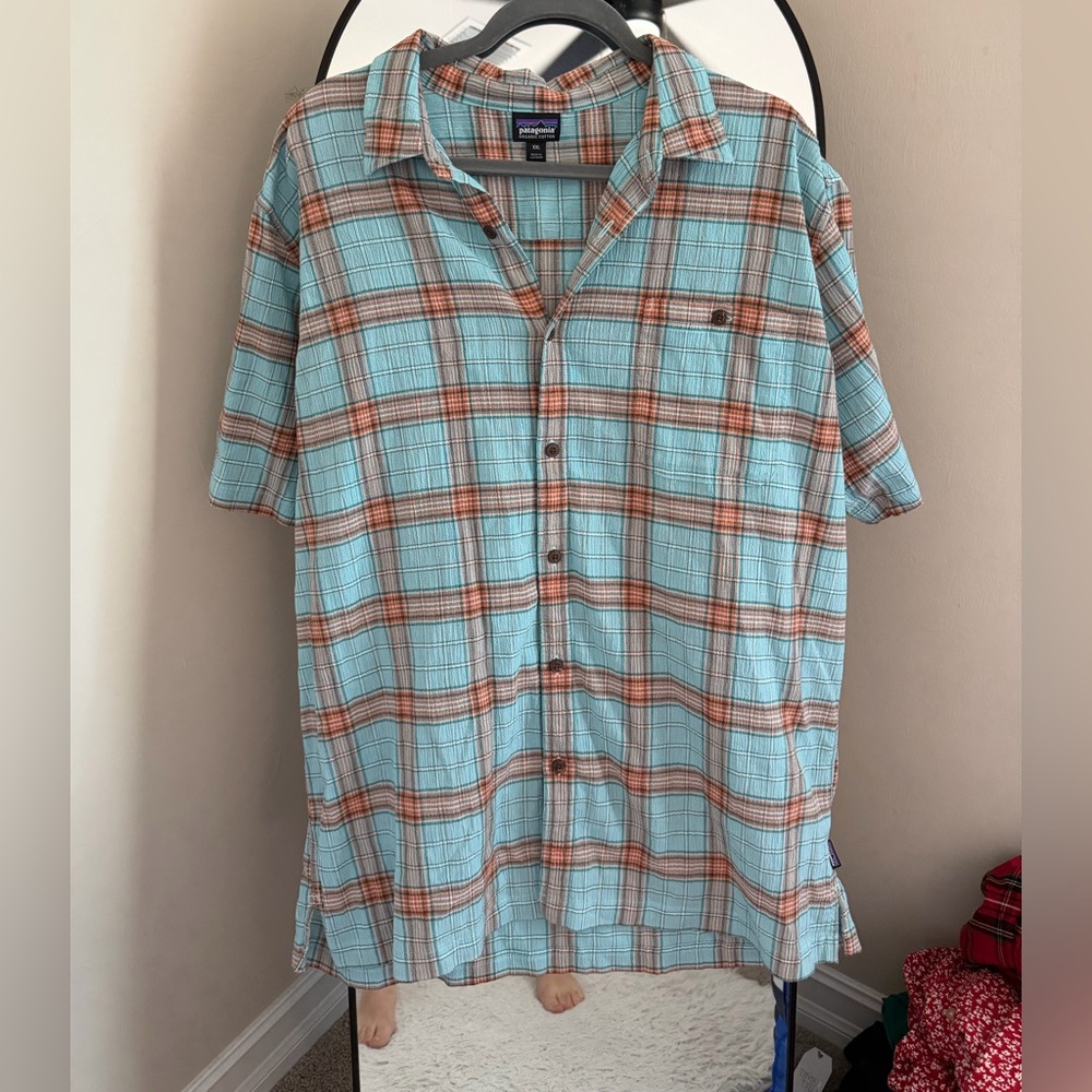 Patagonia Blue and Orange Plaid Button Down Shirt